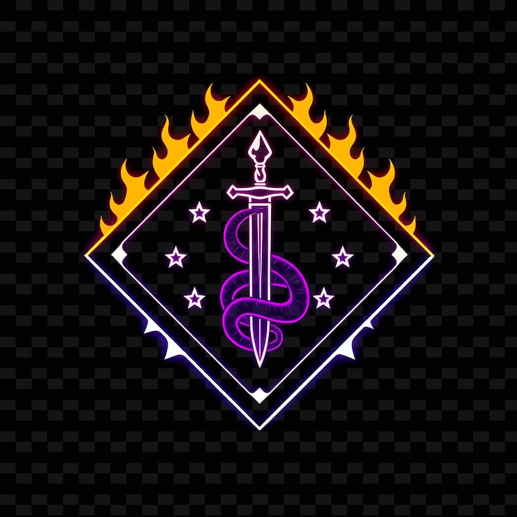 PSD el neón brillante que rodea una insignia en forma de diamante con bordes de llama en el interior está decorado con una serpiente