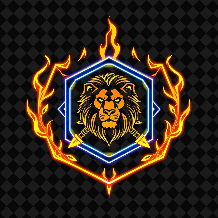 PSD el neón brillante que rodea una insignia hexagonal con bordes de fuego en el interior está decorado con un fa de leones