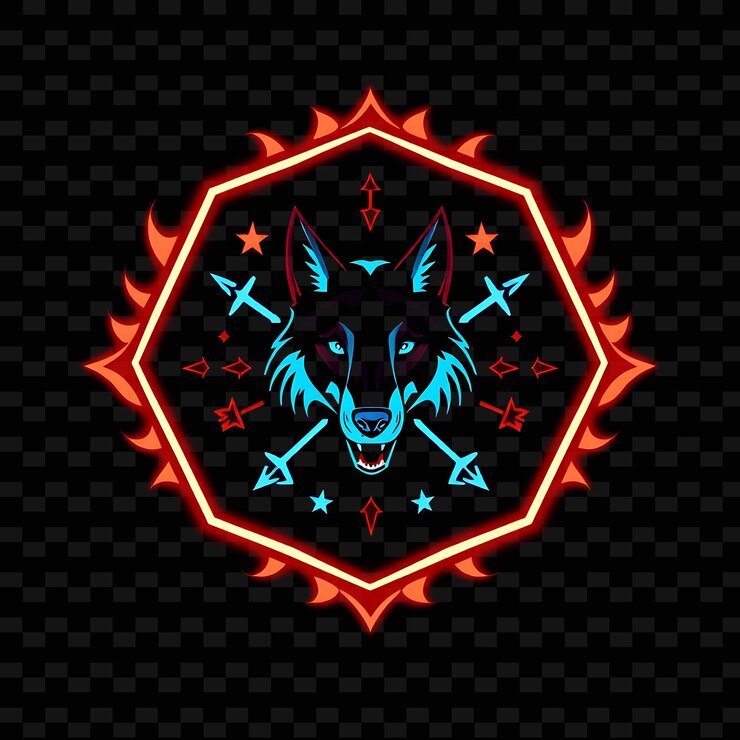 PSD el neón brillante que rodea una insignia del pentágono con bordes en forma de llama en el interior está decorado con un lobo