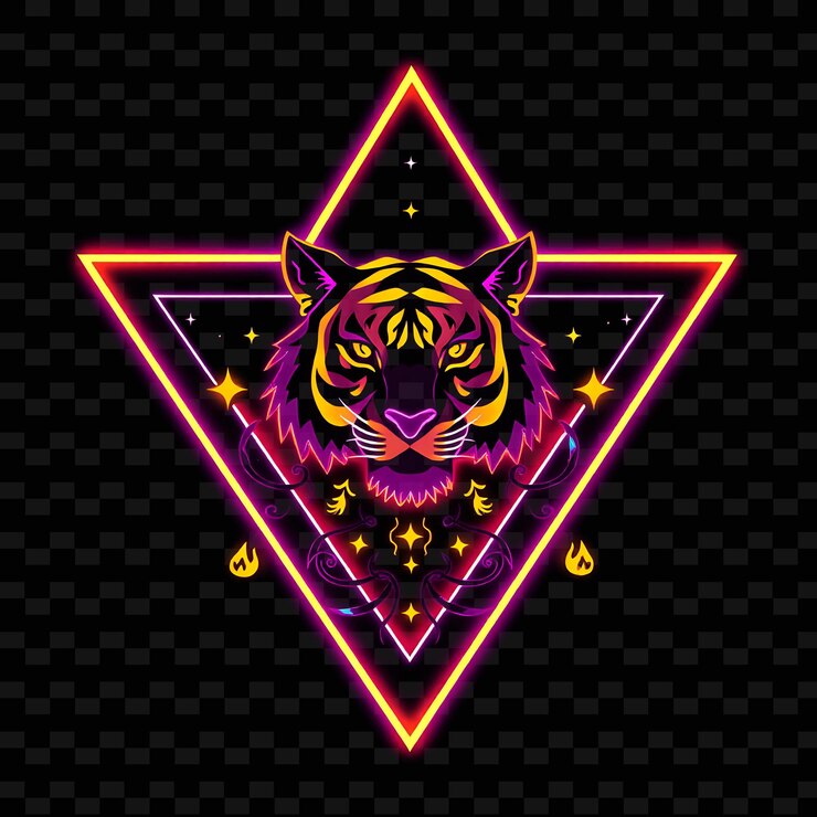 PSD neon cintilante dentro de um distintivo triangular com uma silhueta de cabeça de tigre e bordas brilhantes dentro de fe