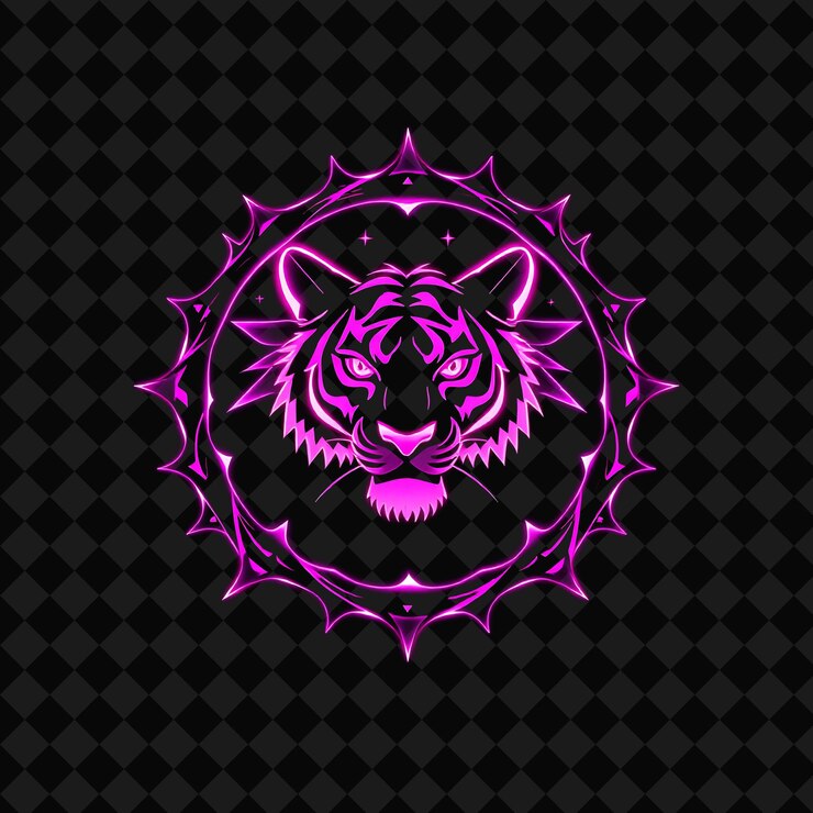 PSD neon cintilante dentro de um emblema de círculo com uma silhueta de tigre e uma moldura espinhosa dentro de um wi decorado