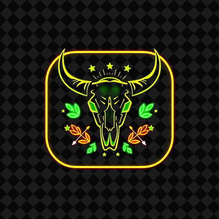 PSD neon cintilante dentro de um emblema em forma quadrada com uma silhueta de crânio de touro e uma estrutura grossa dentro