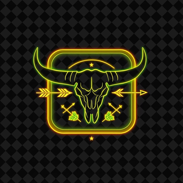 PSD neon cintilante dentro de um emblema em forma quadrada com uma silhueta de crânio de touro e uma estrutura grossa dentro