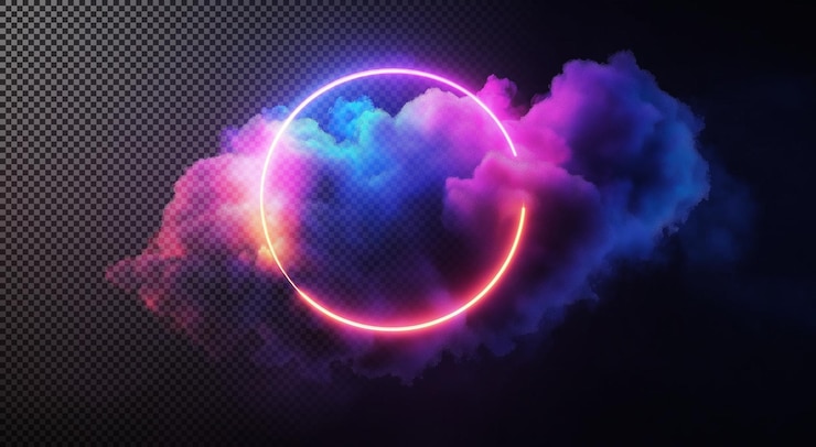 PSD neon circle in a cloud of colorful smoke