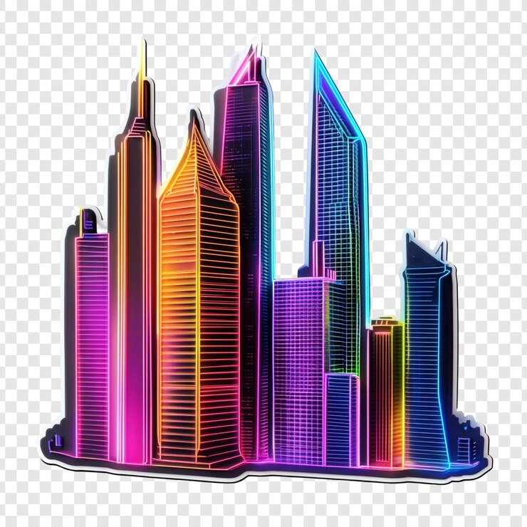 PSD neon cityscape una vibrante ilustración estilizada de un horizonte de ciudad futurista que brilla con luces de neón multicolores