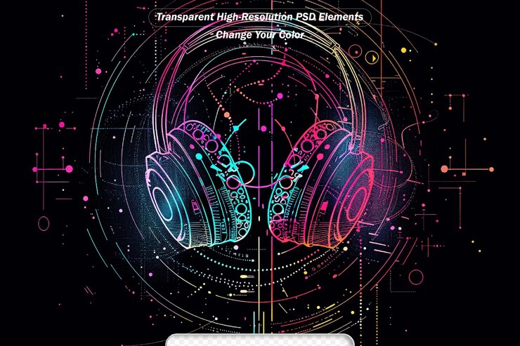 PSD neon cyber dj o cabeza de robot con el contorno de los auriculares electrónicos del marco de alambre