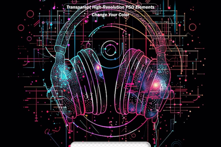 PSD neon cyber dj ou cabeça de robô com quadro de fio de fones de ouvido eletrônicos de contorno