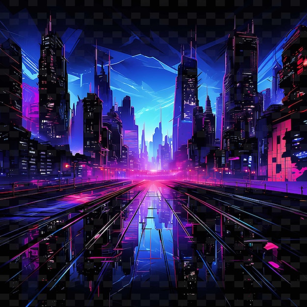 PSD neon cyberpunk citycyberpunk cityscape lineshigh tech buildi png y2k formas artes de luz transparentes