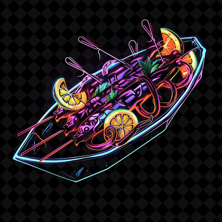 PSD neon cyberpunk lines skewers de calamares a la parrilla en una elegante decoración de comida de neón png negra de la colección y2k