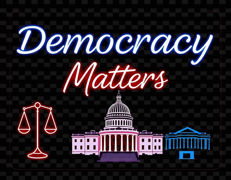 PSD neon democracy matters texto en azul eléctrico y blanco brillante con bordes brillantes demócrata clásico