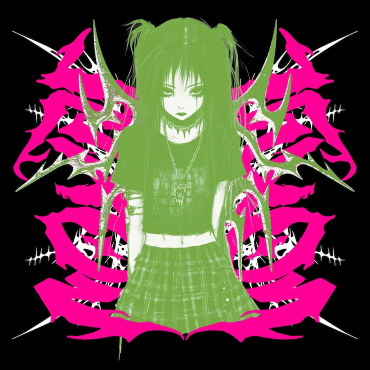 PSD neon e-girl with green hair and wings
