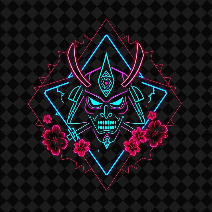 PSD neón eléctrico en una insignia triangular con una silueta de máscara de samurai y bordes dentados dentro de la decoración