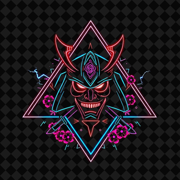 PSD neón eléctrico en una insignia triangular con una silueta de máscara de samurai y bordes dentados dentro de la decoración