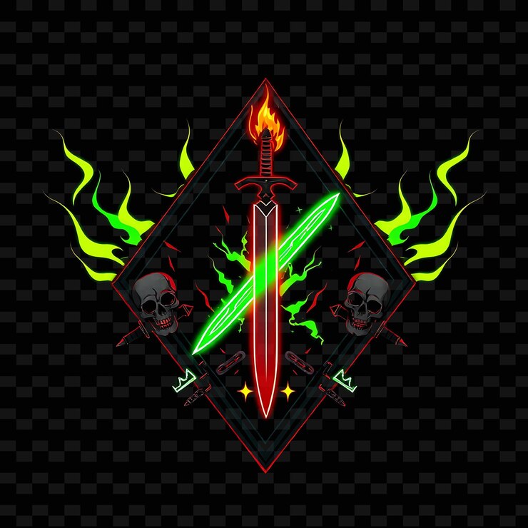 PSD neón en erupción en una insignia triangular con una silueta de espada y llama y marco dentado dentro de deco