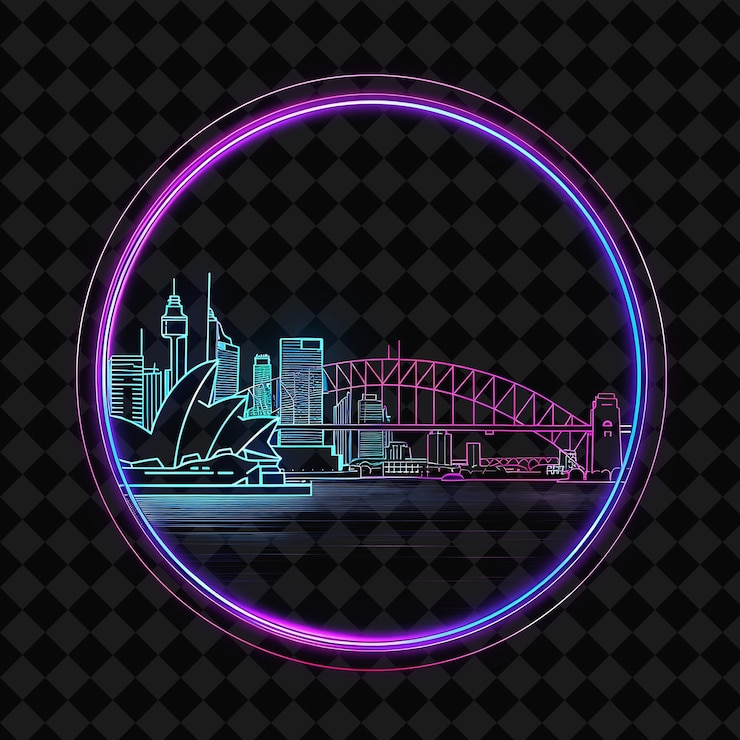 PSD neon espumante sydney skyline dentro de uma silhueta circular p png y2k monoline cityscape collage art