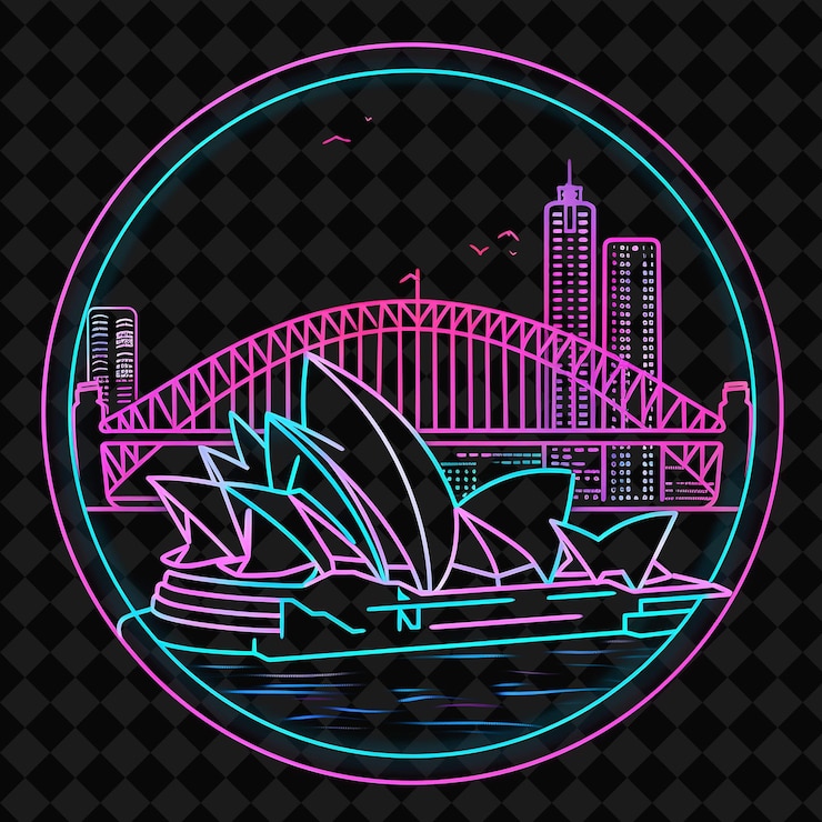 PSD neon espumante sydney skyline dentro de uma silhueta circular p png y2k monoline cityscape collage art