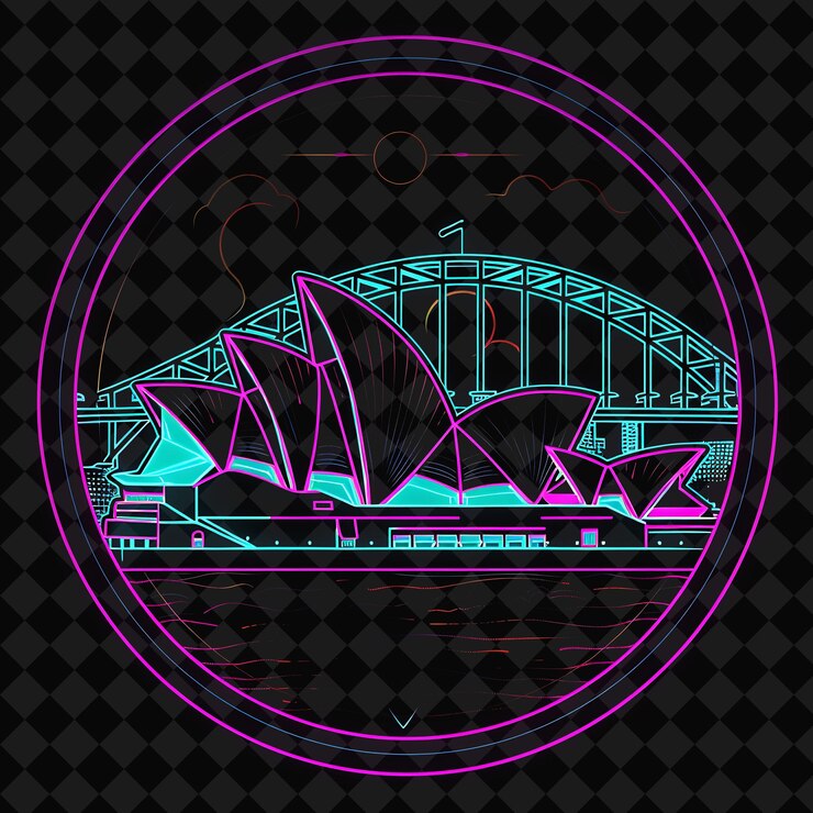 PSD neon espumante sydney skyline dentro de uma silhueta circular p png y2k monoline cityscape collage art