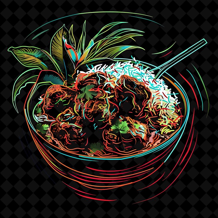 PSD neon expressionist brushstrokes beef rendang curry en un biod png decoración de alimentos de neón colección y2k