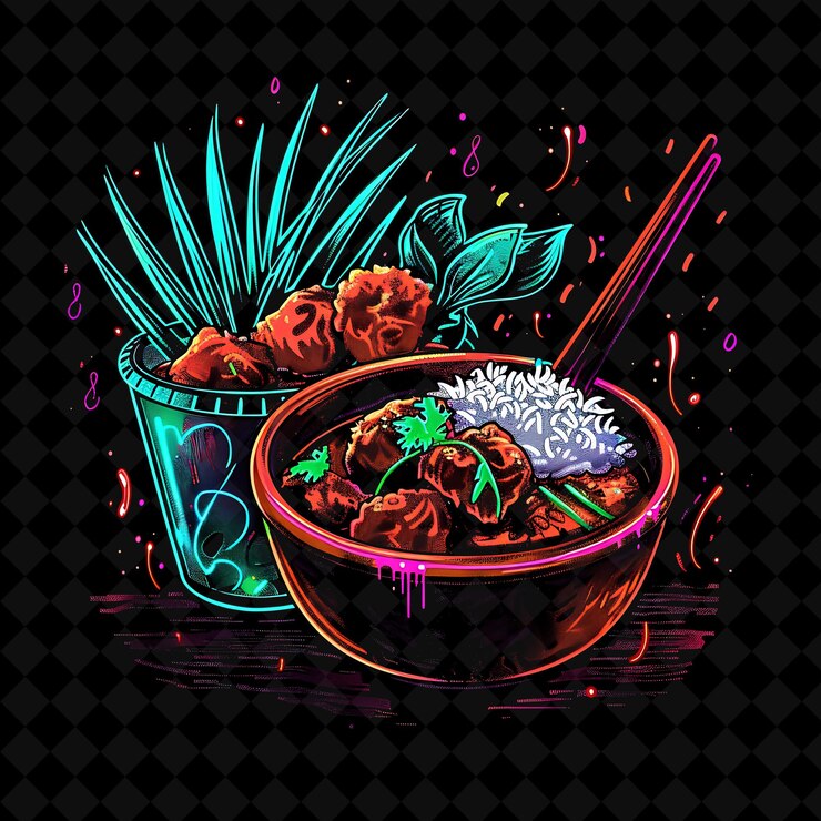 PSD neon expressionist brushstrokes beef rendang curry en un biod png decoración de alimentos de neón colección y2k