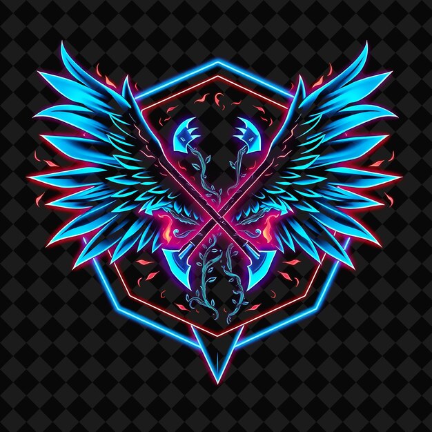 Neon flamboyant sur insigne hexagonal avec des coins tranchants à l'intérieur rempli d'ailes, de vignes et de haches Neon B
