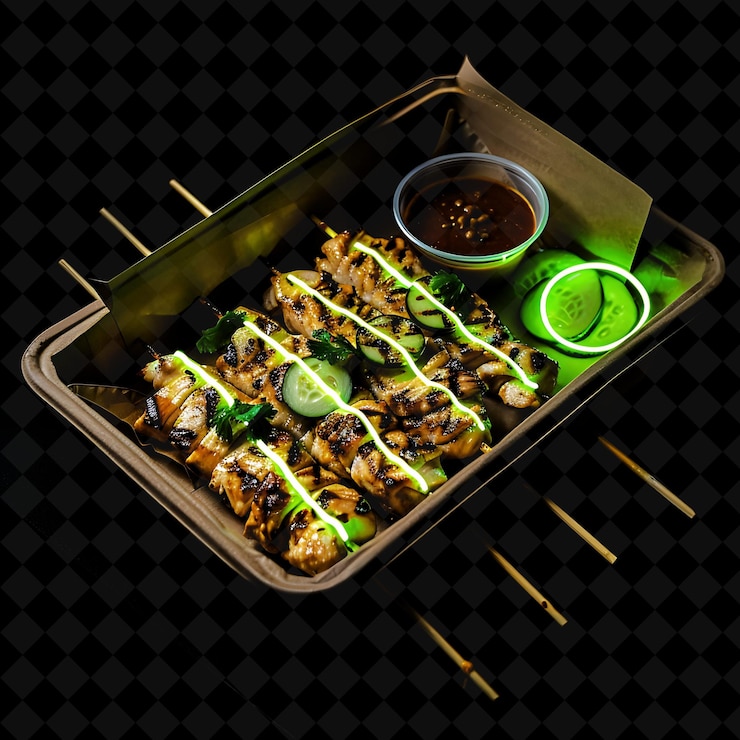 PSD neon formas geométricas pollo satay salchichas en una marca rec png neon decoración de alimentos colección y2k