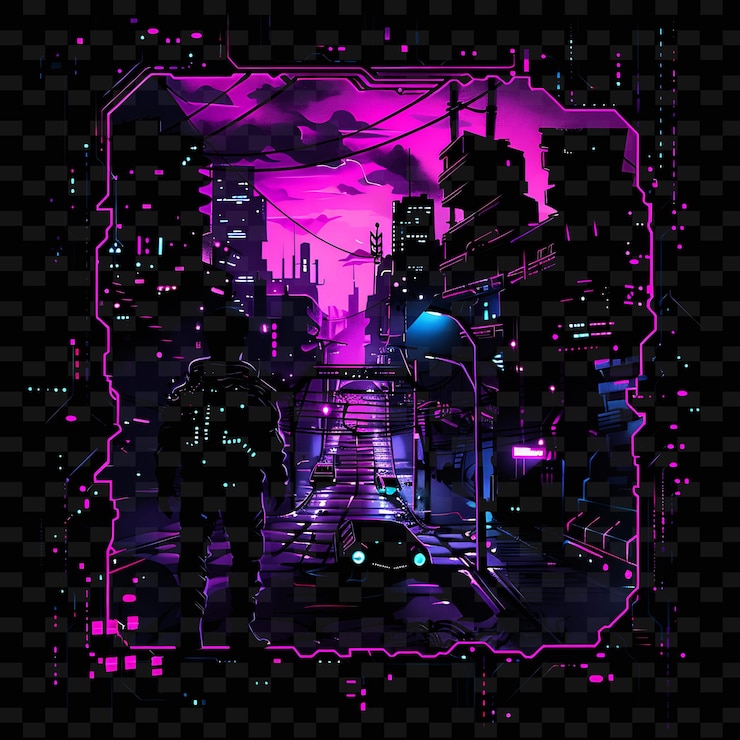 PSD neon glitch effect with a candidate at a cyberpunk scene lan neon line art city view background