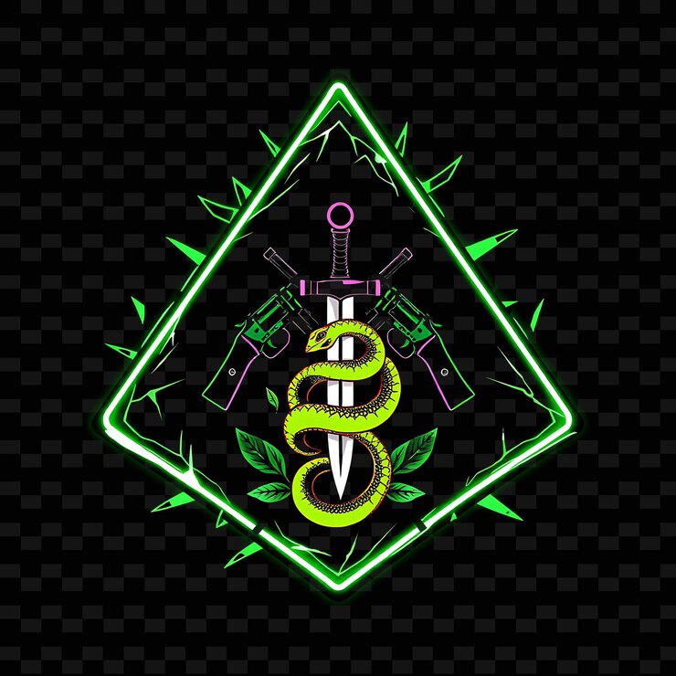 PSD el neón iluminante dentro de una insignia triangular con bordes de vidrio rotos en el interior está decorado con pi