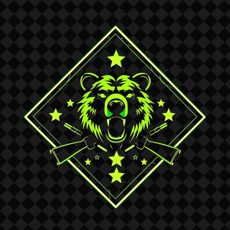 PSD neón intermitente dentro de una insignia en forma de diamante con bordes cargados de balas en el interior está decorado con una b