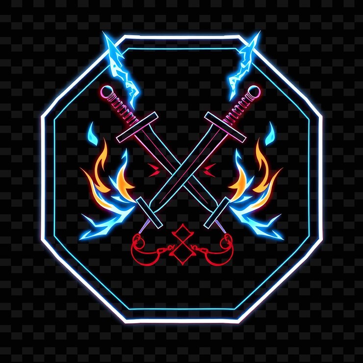 PSD neón intermitente en una insignia hexagonal con una silueta de dagas cruzadas y un marco adornado en el interior son f