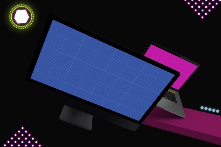 PSD neon laptop e mockup di computer