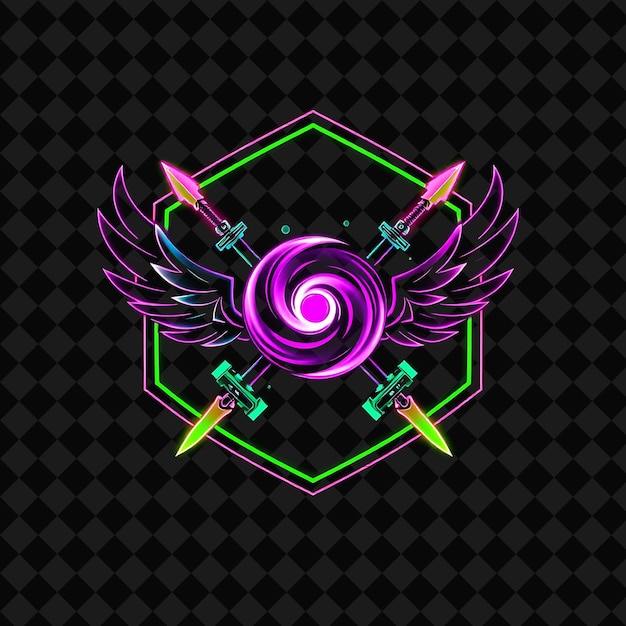 neon lit plasma within a hexagonal badge decorated with dual swords gears and mechanical wings neo