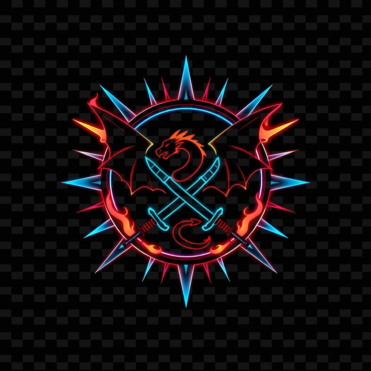 PSD neón en llamas en una insignia de estallido de estrellas con una silueta de dragón y un marco brillante en el interior están cruzados sw