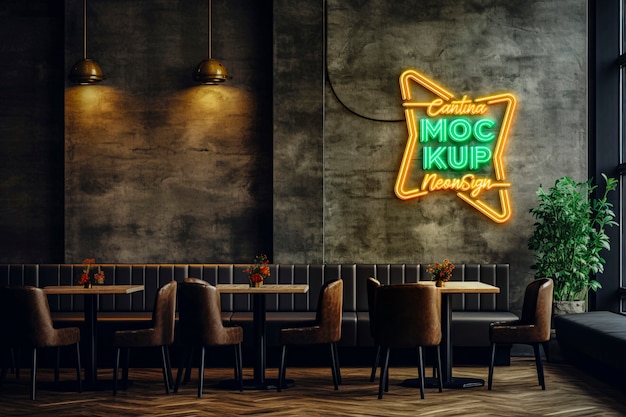 Neon-logo auf der wand eines restaurants
