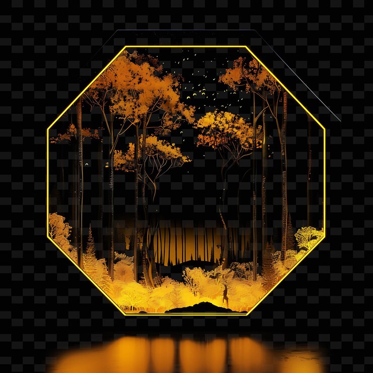 PSD neón luminoso bosques caducifolios templados dentro de una silueta ilustración diseños de paisajes naturales