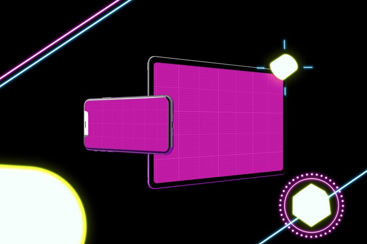 PSD neon mobile y tableta pro mockup