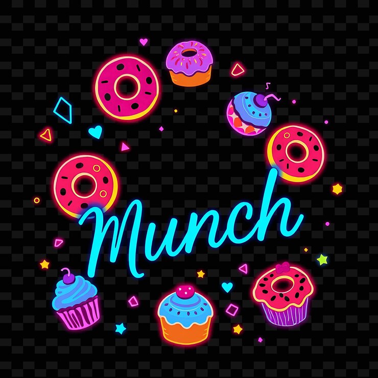 PSD neon munch testo in blu elettrico circondato da ciambelle luminose e tazza neon delicia tipografia designc