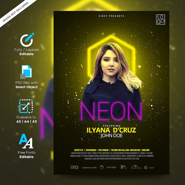 Neon music night fun y dj night model neon flyer póster creativo