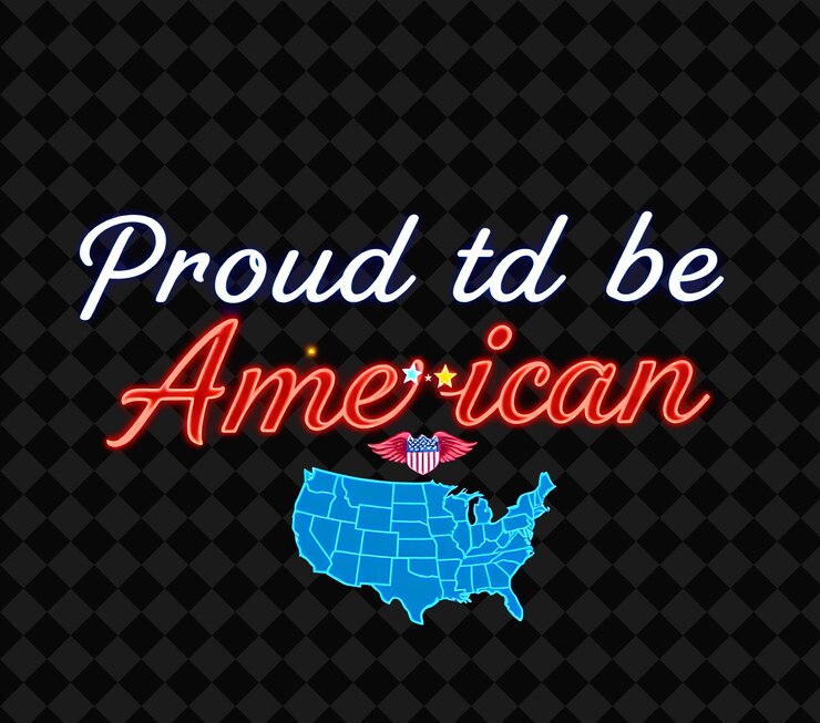 PSD neon orgoglioso di essere americano testo in blu elettrico e bianco brillante con bordi luminosi e patriottico