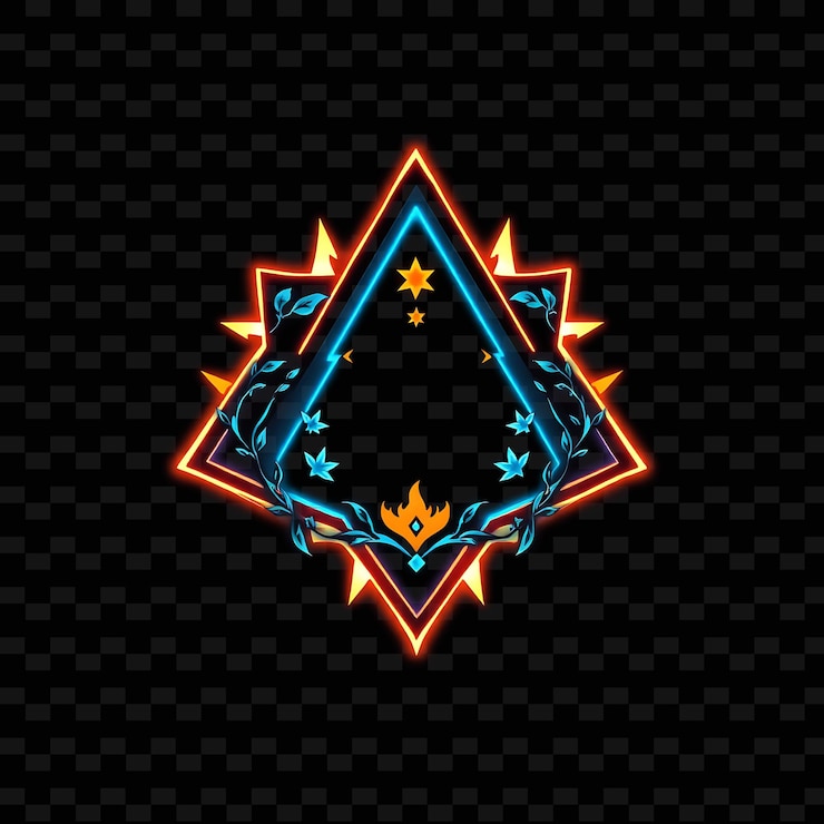 PSD neón parpadeante alrededor de insignia triangular con bordes dentados en el interior decorada con vides estrellas y fl