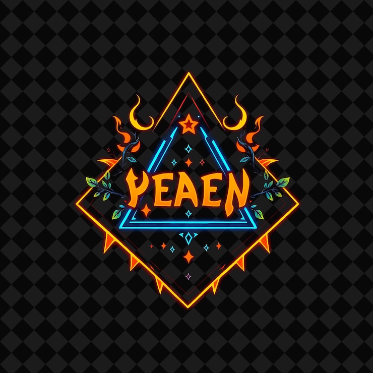 PSD neón parpadeante alrededor de insignia triangular con bordes dentados en el interior decorada con vides estrellas y fl