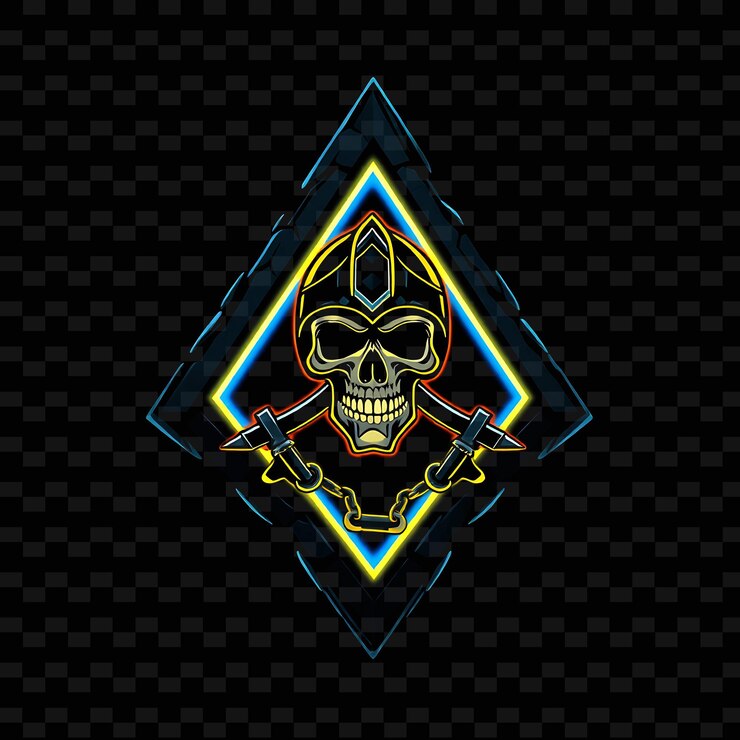 PSD el neón parpadeante dentro de una insignia triangular con bordes de piedra dentada en el interior está decorado con una calavera