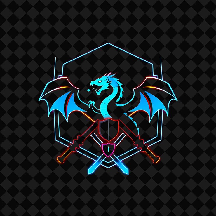 PSD neón parpadeante en una insignia hexagonal con una silueta de dragón y un marco entrecruzado dentro de las características