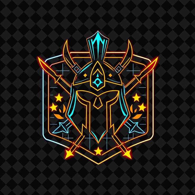 PSD neón parpadeante en una insignia rectangular con una silueta de casco de guerrero y marco de cuadrícula dentro de deco