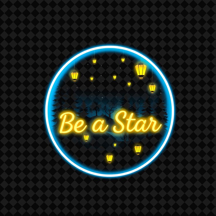 PSD neón parpadeante con texto sé una estrella con un diseño de fuente audaz tubo de vidrio brillante signo de neón bosque acogedor