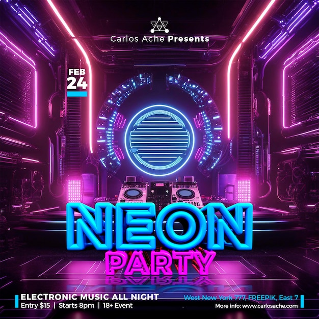Neon Party Musica Elettronica Flyer Template Post Social Media