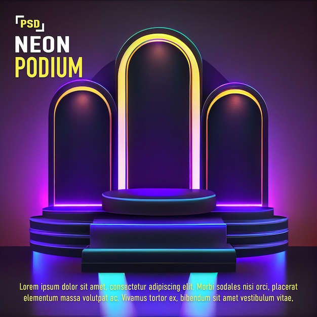 Neon-podium oder plattform für die produktpräsentation mit futuristischer szene-psd-vorlage