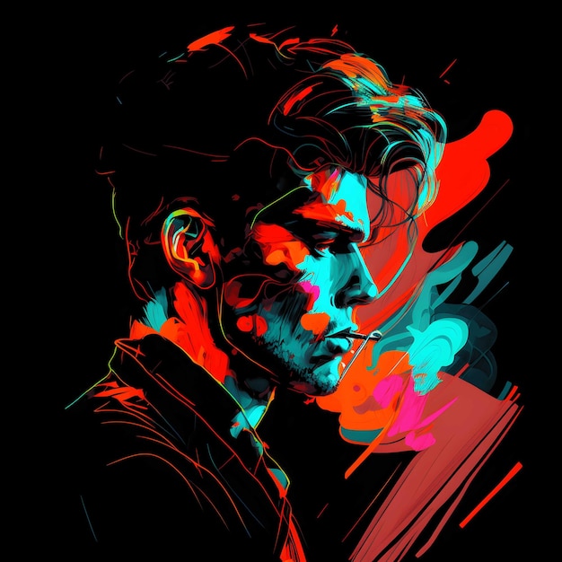 PSD neon-portrait bunt auf schwarzem hintergrund 4096px png-malkunststil für t-shirt-clipart-design