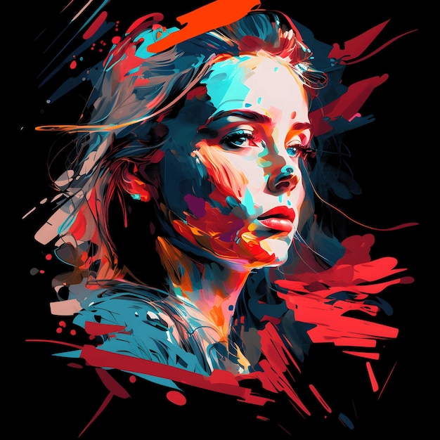 Neon-Portrait bunt auf schwarzem Hintergrund 4096px PNG-Malkunststil für T-Shirt-Clipart-Design
