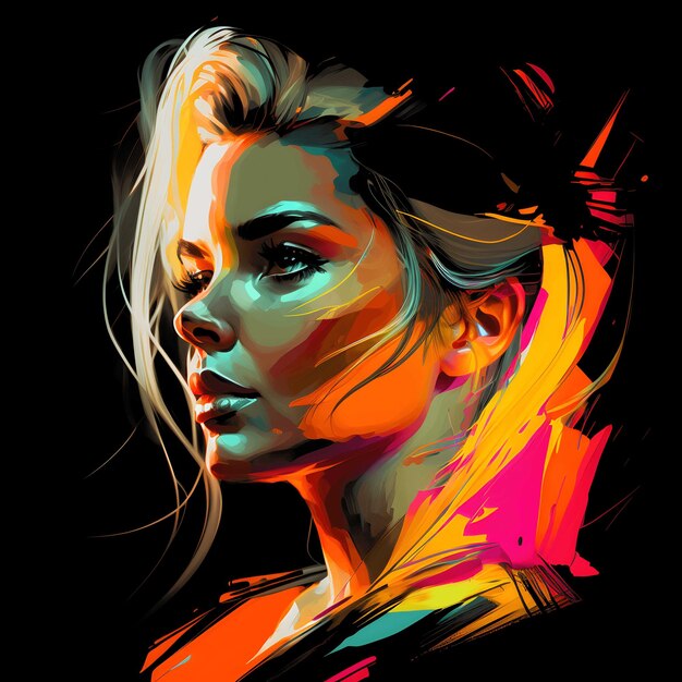 Neon-Portrait bunt auf schwarzem Hintergrund 4096px PNG-Malkunststil für T-Shirt-Clipart-Design