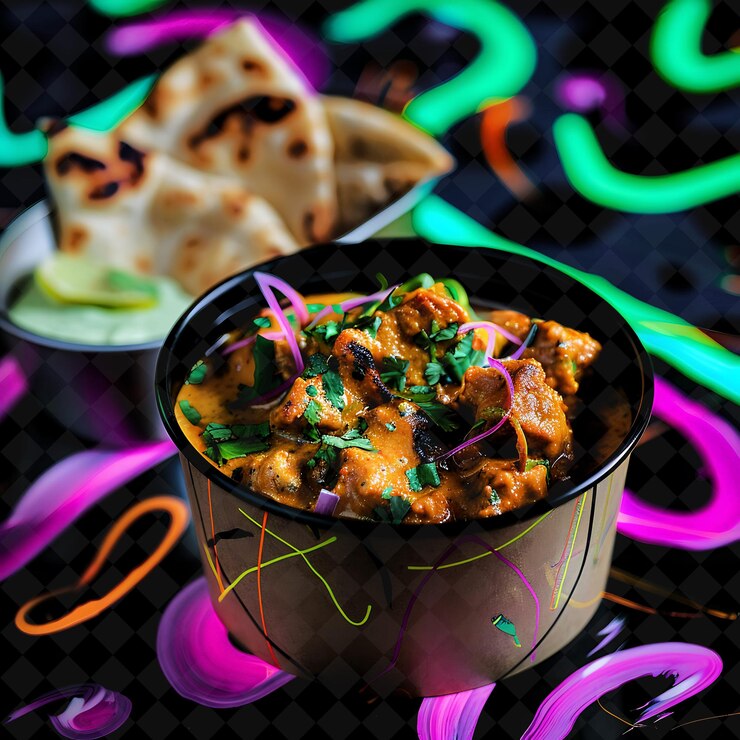 PSD neon psychedelic swirls chicken tikka masala in una biodegrada png neon food decor y2k collection